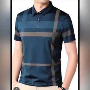 Stylish Navy and Brown Plaid Polo Shirt